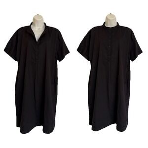 NEW Eileen Fisher Mandarin Collar Shift Shirt Dress Black M Organic Cotton Twill